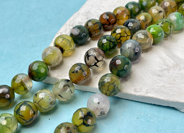 12 mm Faceted Round Agate Gemstone Beads Heat Treated Sage Green Brown W/ Black Waves Color Natural Gemstone Agate 15.5 Inches Strand #4593
