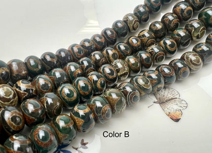 10x14 mm AAA DZI Tibetan Agate Faceted Drum Shape Dark Green Color Eye Agate Gemstone Mala Antique Boho Beads 12.5 Inches 34 Beads #3241
