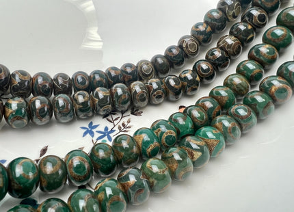 10x14 mm AAA DZI Tibetan Agate Faceted Drum Shape Dark Green Color Eye Agate Gemstone Mala Antique Boho Beads 12.5 Inches 34 Beads #3241