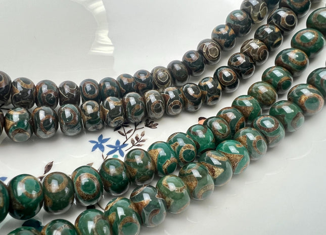 10x14 mm AAA DZI Tibetan Agate Faceted Drum Shape Dark Green Color Eye Agate Gemstone Mala Antique Boho Beads 12.5 Inches 34 Beads #3241