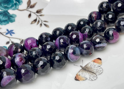 14 mm Faceted Round Agate Gemstone Beads Heat Treated Black and Purple Color Natural Gemstone Agate 15.5 Inches Strand #4632