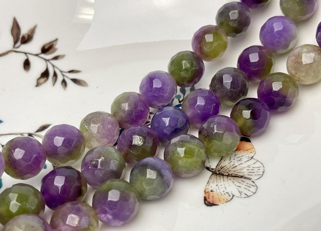 14 mm Faceted Round Agate Gemstone Beads Heat Treated Multi Purple and Green Color Natural Gemstone Agate 15.5 Inches Strand #4633