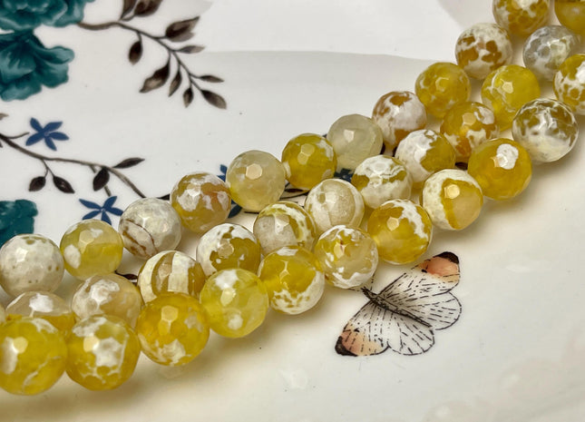 12 mm Faceted Round Agate Gemstone Beads Heat Treated Lemon Yellow and White Color Natural Gemstone Agate 15.5 Inches Strand #4634
