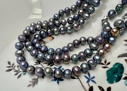 14/16/28/20/22/24 Inches Hand Knotted 8-9 mm AA Blue Peacock Potato Freshwater Pearl With Silver Clasp #P2872