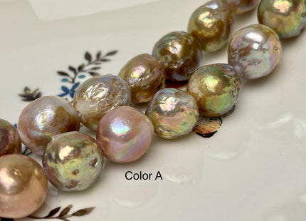 15-16 mm AAA Half Strand Large Hole Very Rare Dark Mauve Pink W/Avacado Gold Sheen Baroque Pearl Bead Hole Size 2.2mm 13 Beads #P2869