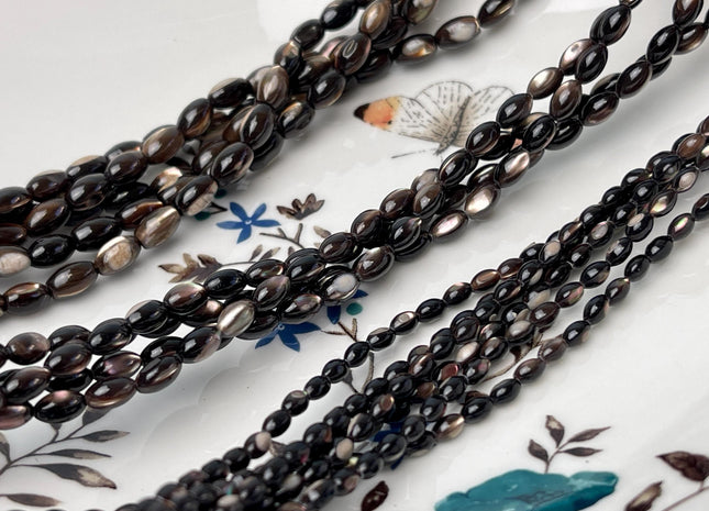 3x5mm 4x7mm 5x8mm Rice/Barrel Shape Natural Mother of Pearl Gemstone Beads Black Brown MOP Beads 15.5 Inches #4643
