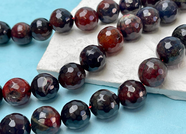 16 mm Faceted Round Agate Gemstone Beads Heat Treated Mixed Dark Black and Red Color Natural Gemstone Agate 15.5 Inches Strand #4617