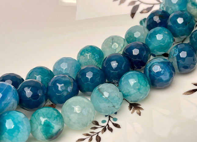 16 mm Faceted Round Agate Gemstone Beads Heat Treated Mixed Aqua Blue Color Natural Gemstone Agate 15.5 Inches Strand #4622