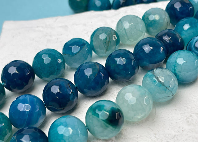 16 mm Faceted Round Agate Gemstone Beads Heat Treated Mixed Aqua Blue Color Natural Gemstone Agate 15.5 Inches Strand #4622