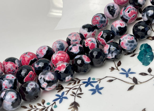 14 mm Faceted Round Agate Gemstone Beads Heat Treated Multi Black White and Pink Color Natural Gemstone Agate 15.5 Inches Strand #4624
