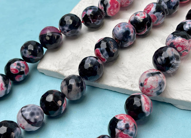 14 mm Faceted Round Agate Gemstone Beads Heat Treated Multi Black White and Pink Color Natural Gemstone Agate 15.5 Inches Strand #4624