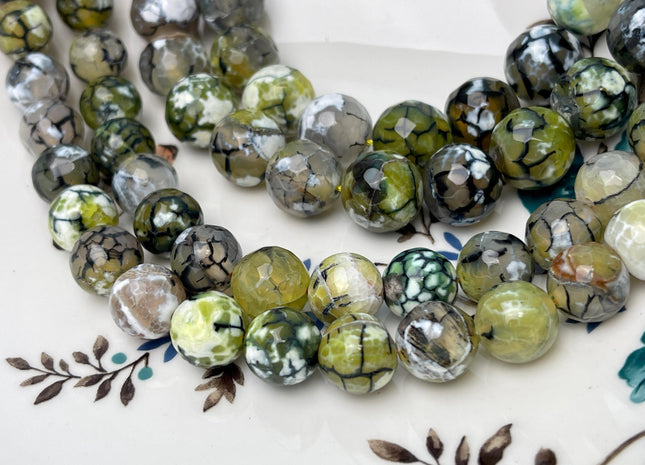 12 mm 14 mm Faceted Round Agate Gemstone Beads Heat Treated Mixed Green Gray White Color Natural Gemstone Agate 15.5 Inches Strand #4627