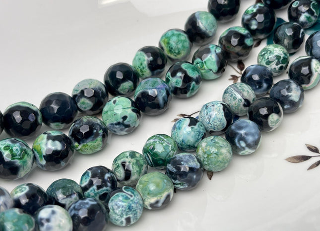 12 mm 14 mm Faceted Round Agate Gemstone Beads Heat Treated Green and Black Color Natural Gemstone Agate 15.5 Inches Strand #4636