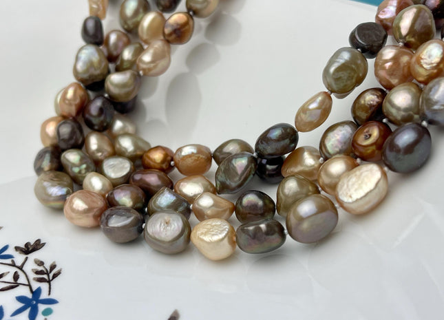 9-10x10-12 mm 40/54/64 Inches Hand Knotted Mixed Brown Beige Champagne Color Rice Nugget Freshwater Pearl Necklaces #P2874