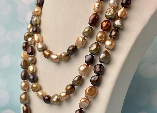 9-10x10-12 mm 40/54/64 Inches Hand Knotted Mixed Brown Beige Champagne Color Rice Nugget Freshwater Pearl Necklaces #P2874