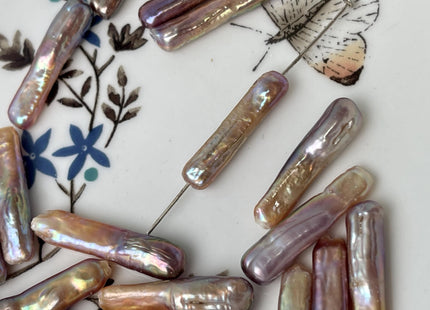 3 Pieces AAA 5-6x23-25 mm Natural Mauve Pink w/Gold Sheen High Luster Full Drilled Rectangle Coin Pearl Iridescent Color #P2881