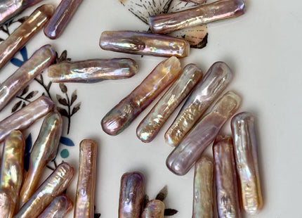 3 Pieces AAA 5-6x23-25 mm Natural Mauve Pink w/Gold Sheen High Luster Full Drilled Rectangle Coin Pearl Iridescent Color #P2881