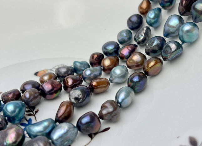 9-10x10-12 mm 40/54/64 Inches Hand Knotted Mixed Blue Brown Peacock Color Rice Nugget Freshwater Pearl Necklaces #P2875