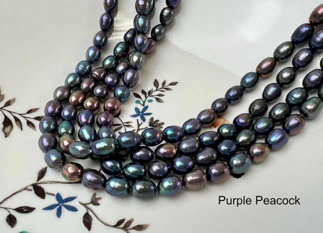 7x8.5-9 mm AA Quality Unique Peacock Oval/Rice Freshwater Pearls High Quality/Luster Blue Or Purplish Peacock Freshwater Pearls #1400