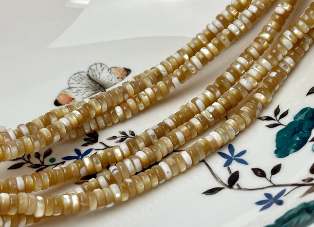 4mm 6mm 8mm Smooth Rondelle Heishi Natural Gold Brown Mother of Pearl Gemstone Beads 15 Inches Strand #4642