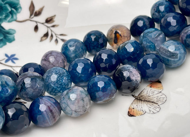 16 mm Faceted Round Agate Gemstone Beads Heat Treated Mixed Midnight Blue Color Natural Gemstone Agate 15.5 Inches Strand #4612