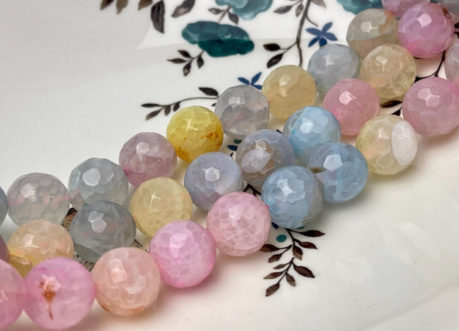 14 mm Faceted Round Agate Gemstone Beads Heat Treated Morganite Pink Blue Yellow Color Natural Gemstone Agate 15.5 Inches Strand #4616
