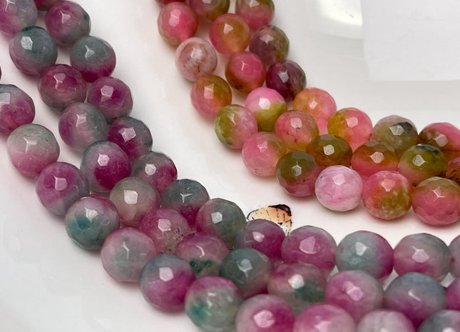 9-10 mm Faceted Round Fire Agate Gemstone Beads Heat Treated Mixed Pink Purple Green Color Agate 15.5 Inches Strand #4623