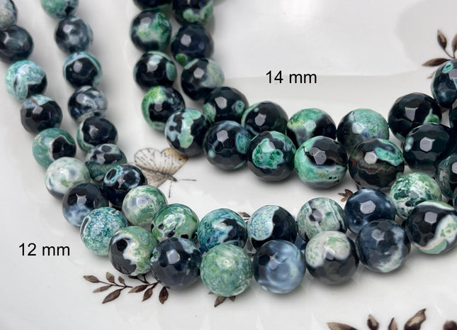 12 mm 14 mm Faceted Round Agate Gemstone Beads Heat Treated Green and Black Color Natural Gemstone Agate 15.5 Inches Strand #4636