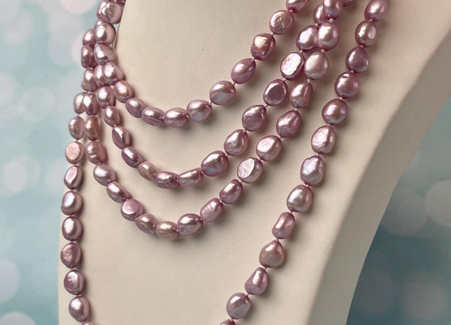 8x10mm 40/54 Or 64 Inches Hand Knotted Lavender Purple Color Rice Nugget Freshwater Pearl Long Necklaces #P2876