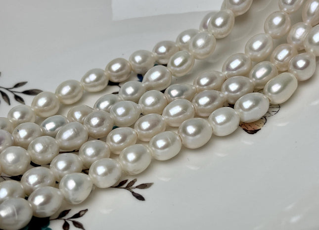 8.5-9x10-12 mm AAA Large Hole Half Strand Natural White Freshwater Rice Oval Pearl Beads High Luster Genuine Freshwater Pearls #P2880