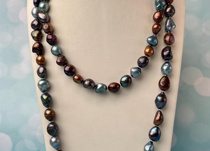 9-10x10-12 mm 40/54/64 Inches Hand Knotted Mixed Blue Brown Peacock Color Rice Nugget Freshwater Pearl Necklaces #P2875
