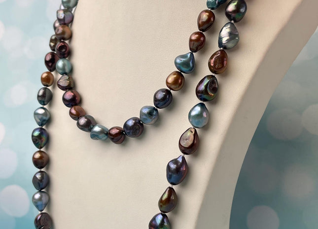9-10x10-12 mm 40/54/64 Inches Hand Knotted Mixed Blue Brown Peacock Color Rice Nugget Freshwater Pearl Necklaces #P2875