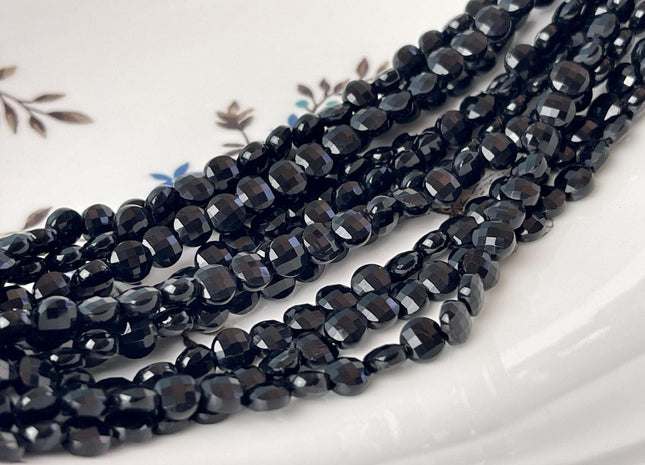 6 mm Micro Faceted Diamond Cut Black Color Onyx Gemstone Flat Coin Disc Shape Gemstone Beads Genuine Onyx 15 Inches Strand #2835