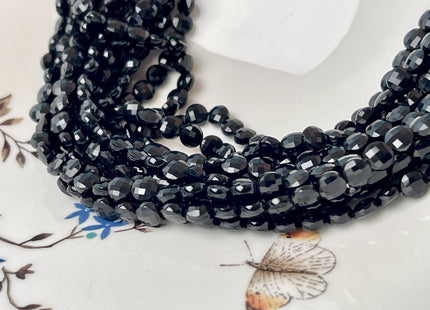 6 mm Micro Faceted Diamond Cut Black Color Onyx Gemstone Flat Coin Disc Shape Gemstone Beads Genuine Onyx 15 Inches Strand #2835