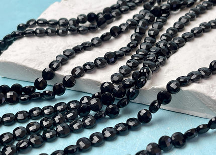 6 mm Micro Faceted Diamond Cut Black Color Onyx Gemstone Flat Coin Disc Shape Gemstone Beads Genuine Onyx 15 Inches Strand #2835