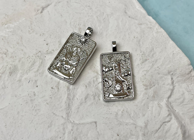 Arcana Tarot Card Charms for Necklace, 18K White Gold Filled Charm Pendant With CZ, Antique Charms for Jewelry Making, One Piece #CR0077