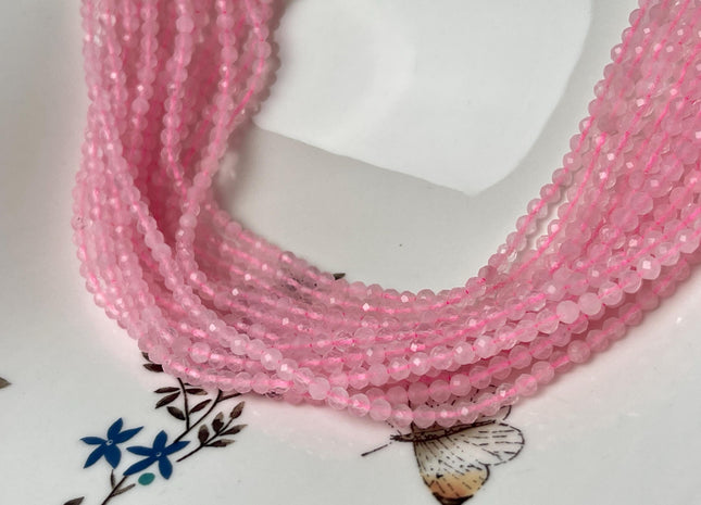 3mm Faceted Round Tiny Rose Quartz Gemstone Beads Pink Rose Quartz Loose Beads 15 Inches Strand #4681