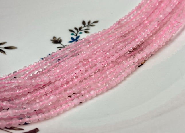 3mm Faceted Round Tiny Rose Quartz Gemstone Beads Pink Rose Quartz Loose Beads 15 Inches Strand #4681