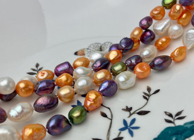 8-9x10-11 mm 40/54/64 Inches Hand Knotted Mixed White Peacock Green Orange Color Rice Nugget Freshwater Pearl Necklaces #P2910