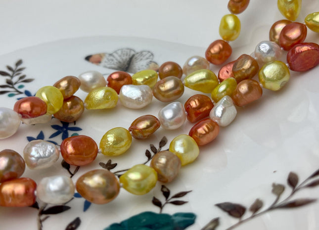 8-9x10-11 mm 40/54/64 Inches Hand Knotted Mixed White Yellow Gold Copper Brown Color Rice Nugget Freshwater Pearl Necklaces #P2911