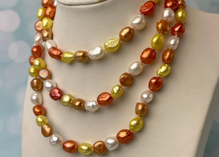 8-9x10-11 mm 40/54/64 Inches Hand Knotted Mixed White Yellow Gold Copper Brown Color Rice Nugget Freshwater Pearl Necklaces #P2911
