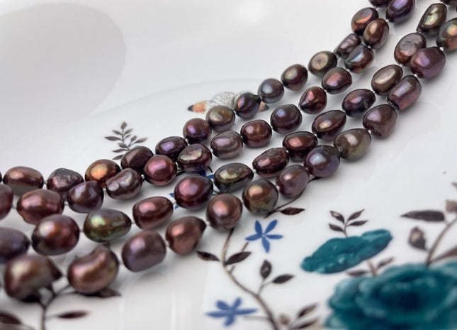8-9x10-11 mm 40/54/64 Inches Hand Knotted Brown Color Rice Nugget Freshwater Pearl Necklaces #P2912