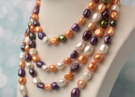 8-9x10-11 mm 40/54/64 Inches Hand Knotted Mixed White Peacock Green Orange Color Rice Nugget Freshwater Pearl Necklaces #P2910
