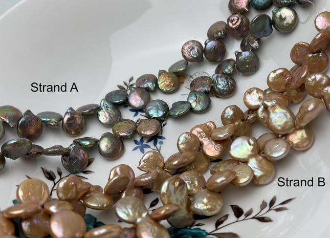 12 mm Champagne/Green Top Drilled Coin Freshwater Pearl Beads Genuine Freshwater Coin Pearl Beads #P2940