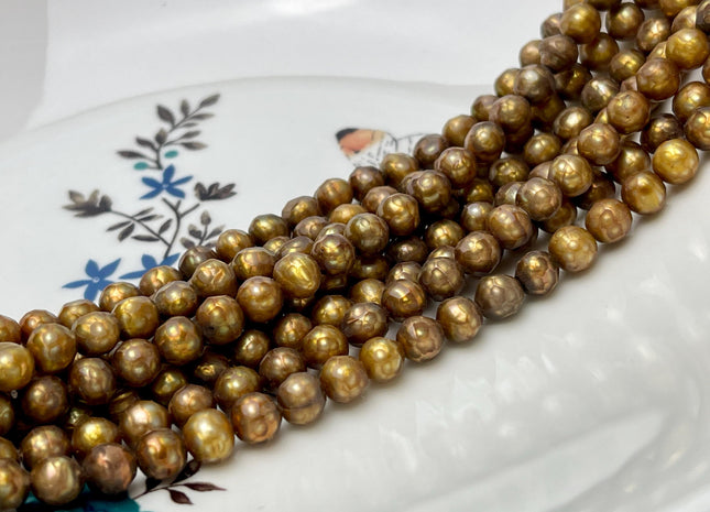 6-7 mm AA Dark Champagne Brown Color Rare Faceted Off Round Freshwater Pearl Beads #P2948