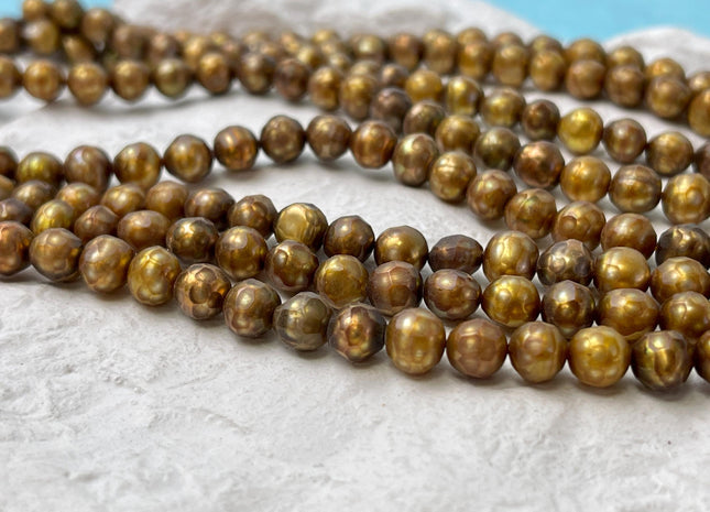 6-7 mm AA Dark Champagne Brown Color Rare Faceted Off Round Freshwater Pearl Beads #P2948