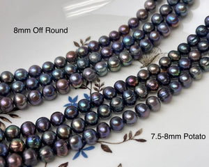 7.5-8 mm AA Dark Peacock Off Round or Potato Freshwater Pearls Genuine Very Rare High Luster Peacock Pearls #P2950