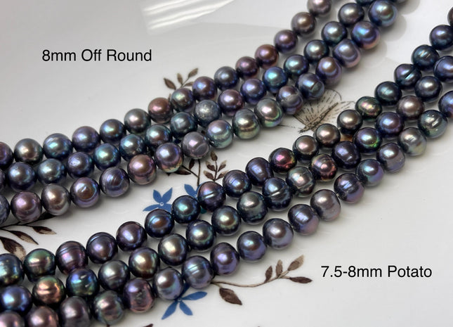 7.5-8 mm AA Dark Peacock Off Round or Potato Freshwater Pearls Genuine Very Rare High Luster Peacock Pearls #P2950