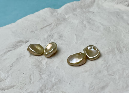 One Pair 10-12mm AAAA Gold Flat Keshi Freshwater Pearl Half Drilled Matching Earring Very Rare High Luster Cornflake Pearls #P2958