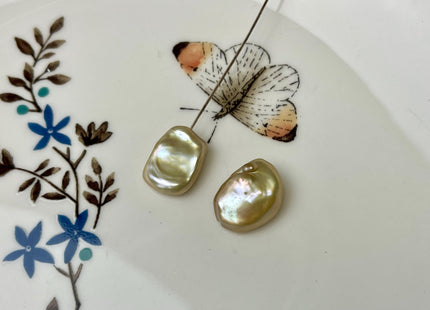 One Pair 10-12mm AAAA Gold Flat Keshi Freshwater Pearl Half Drilled Matching Earring Very Rare High Luster Cornflake Pearls #P2958